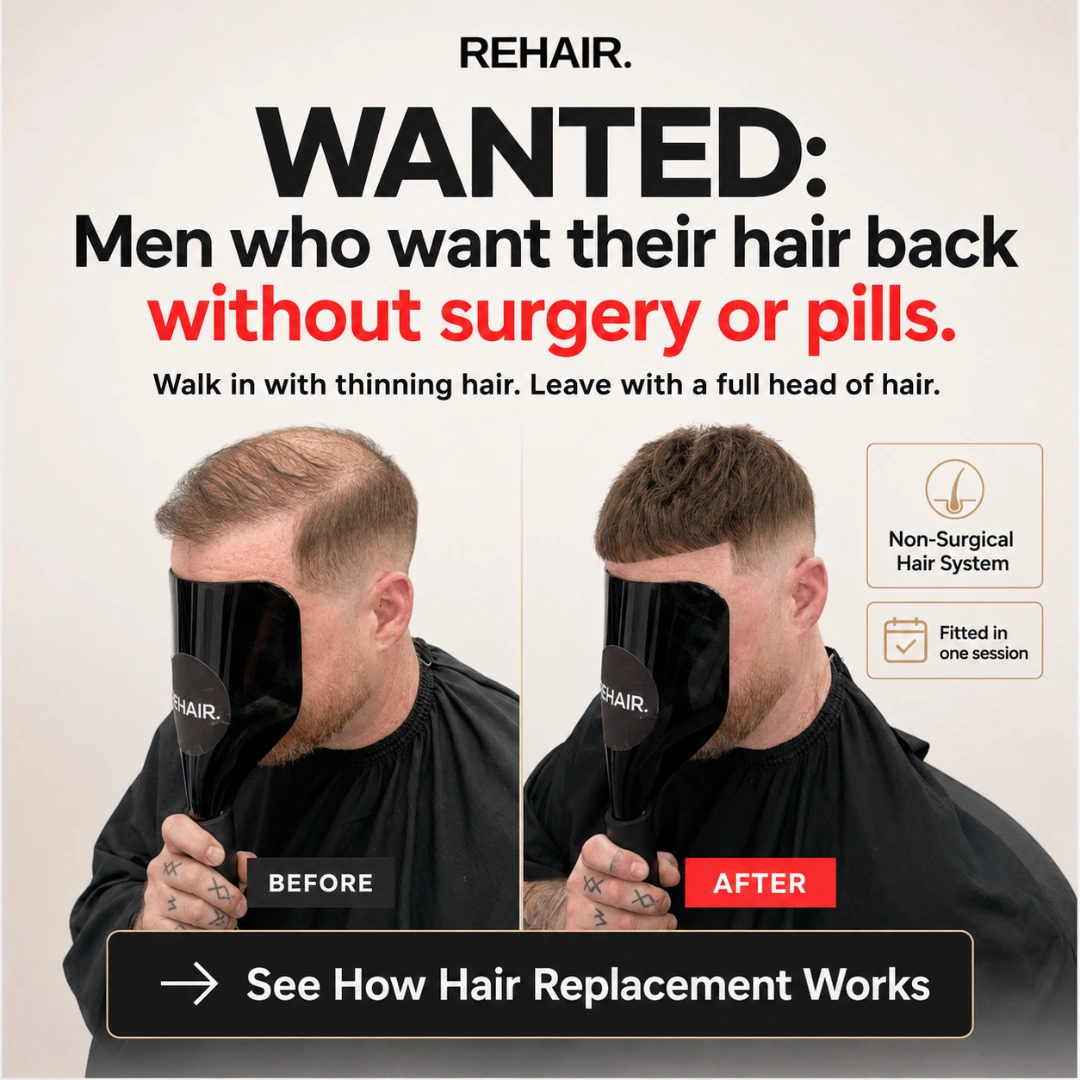 REHAIR square advert: men who want their hair back without surgery or pills, with before-and-after hair system photographs