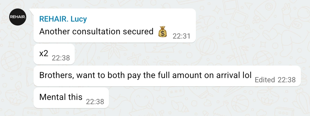 REHAIR WhatsApp feedback: another consultation secured, followed by confirmation of two brothers booking